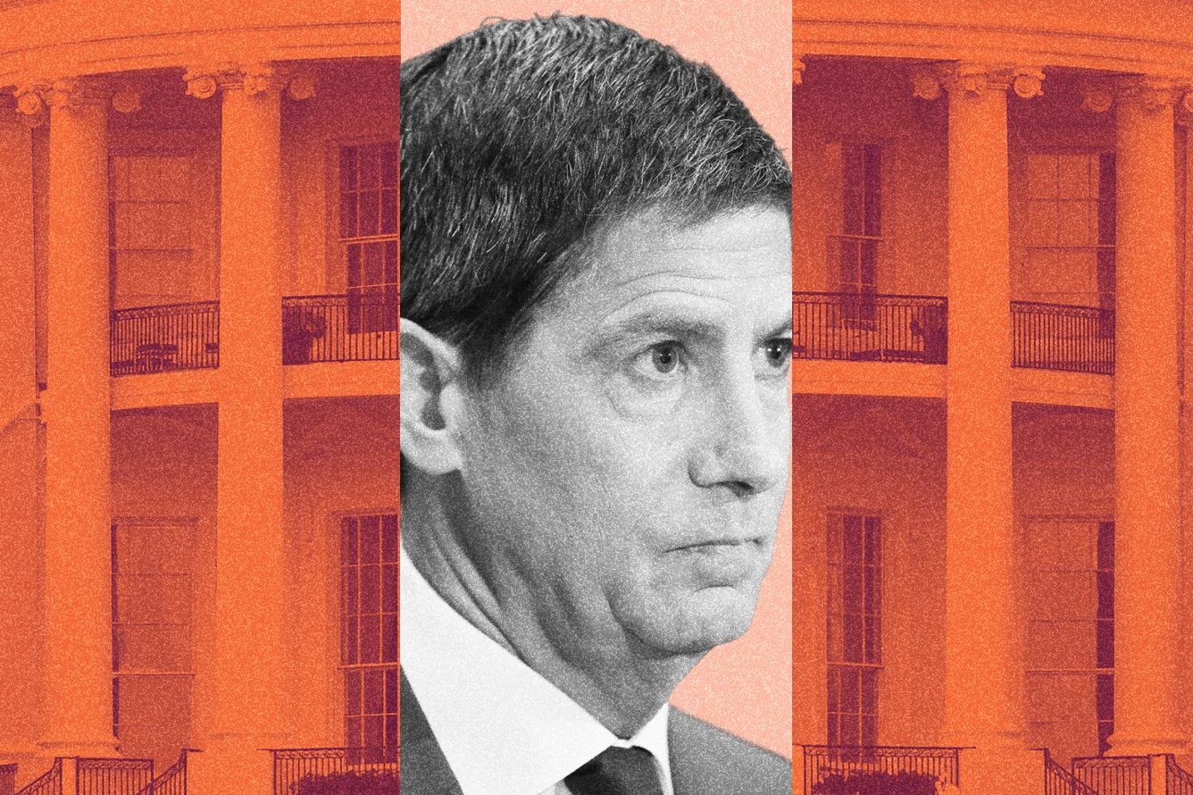 Photo collage showing Kevin Warsh, a man with close cropped dark hair wearing a suit, claustrophobically cropped in the center of the image, with a zoomed in view of the white house behind him, indicating pressure.