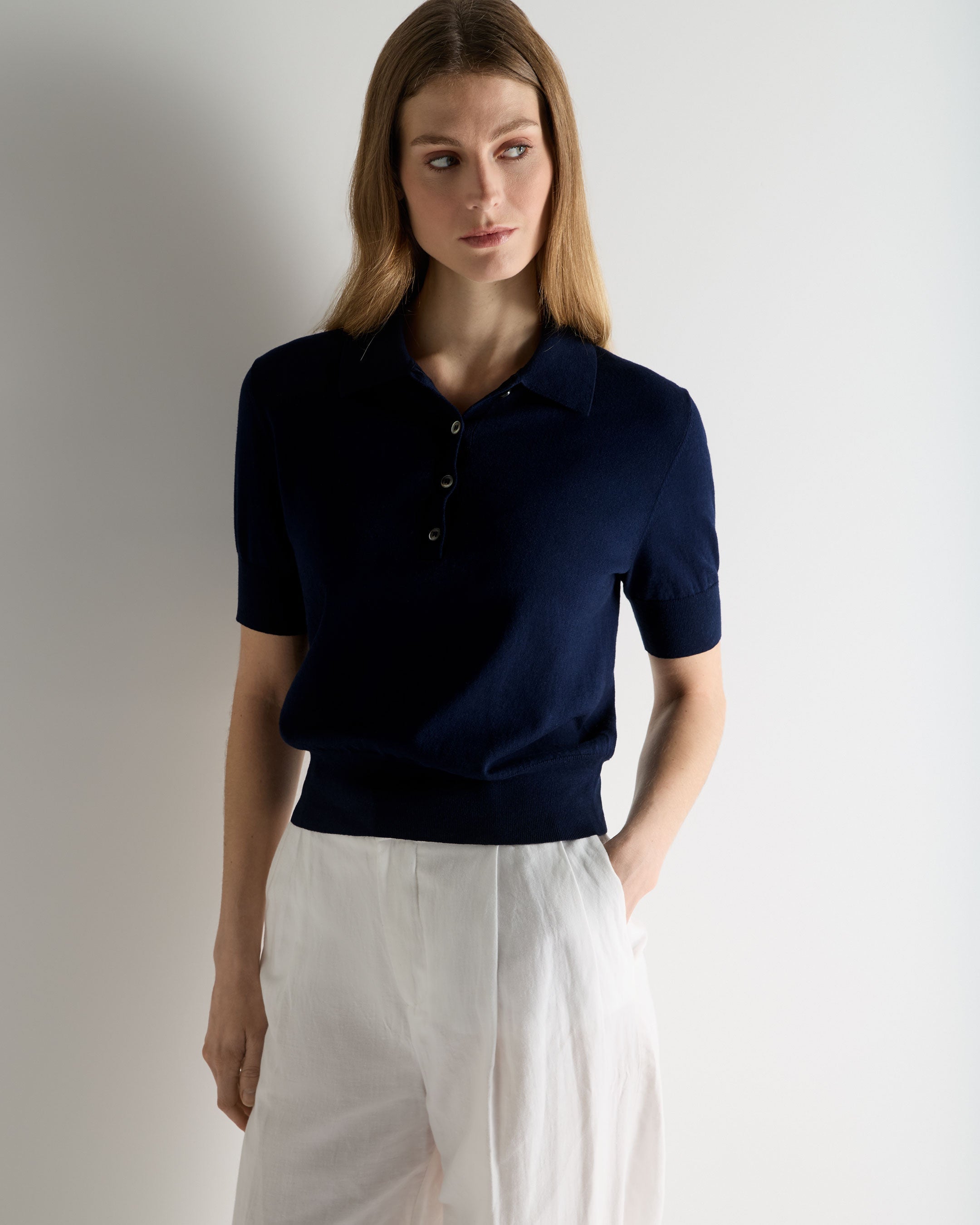 Image of Women's Selene Linen Blend Polo Deep French Blue