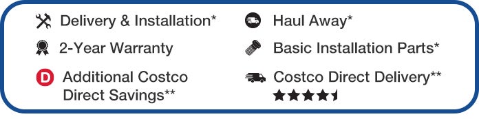 Delivery & Installation*, Haul Away*, 2-Year Warranty, Basic Installations Parts*, Additional Costco Direct Savings**, and Costco Direct Delivery**