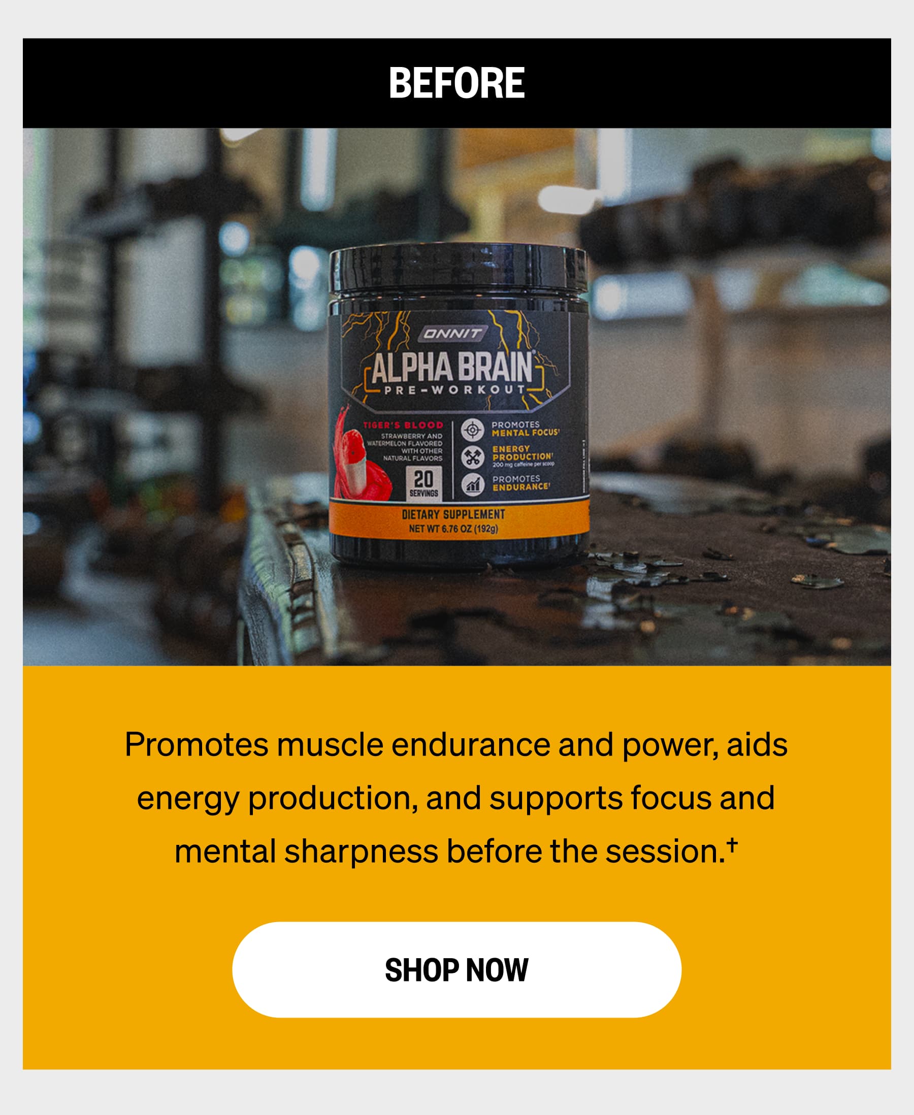 BEFORE Promotes muscle endurance and power, aids energy production, and supports focus and mental sharpness before the session.† SHOP NOW