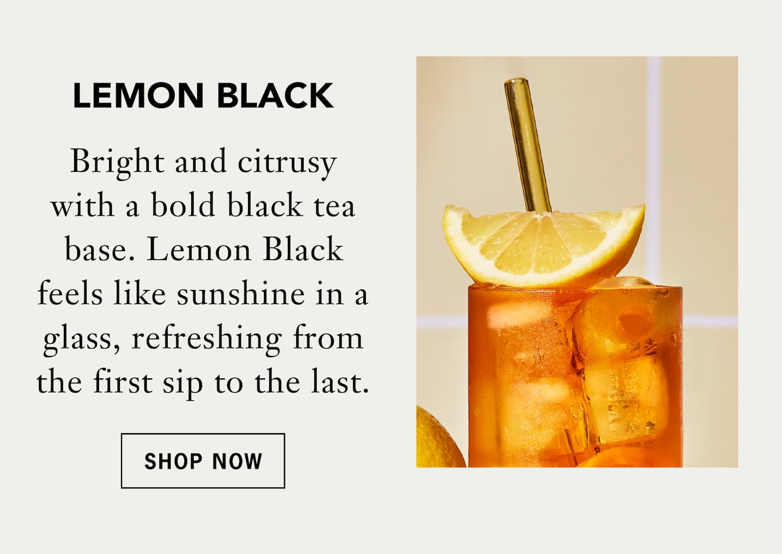 Lemon Black   Bright and citrusy with a bold black tea base. Lemon Black feels like sunshine in a glass, refreshing from the first sip to the last.   Shop Now 