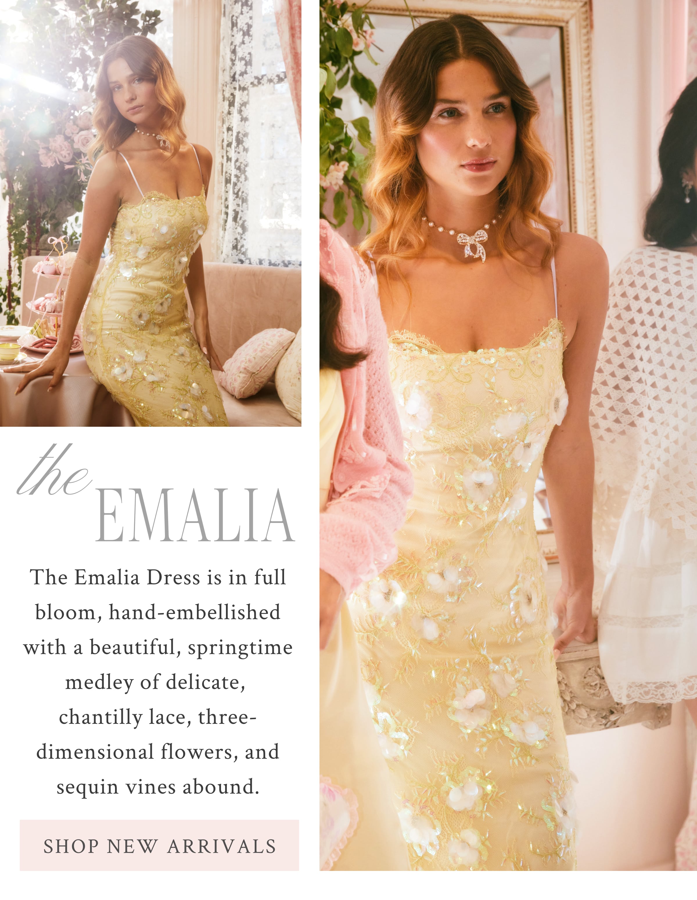 The Emalia  The Emalia Dress is in full bloom, hand-embellished with a beautiful, springtime medley of delicate, chantilly lace, three-dimensional flowers, and sequin vines abound.  <SHOP NEW ARRIVALS>