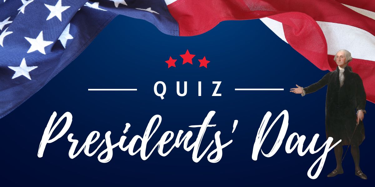 A crop of George Washington from the Lansdowne portrait gestures at the words Presidents' Day Quiz underneath an American flag