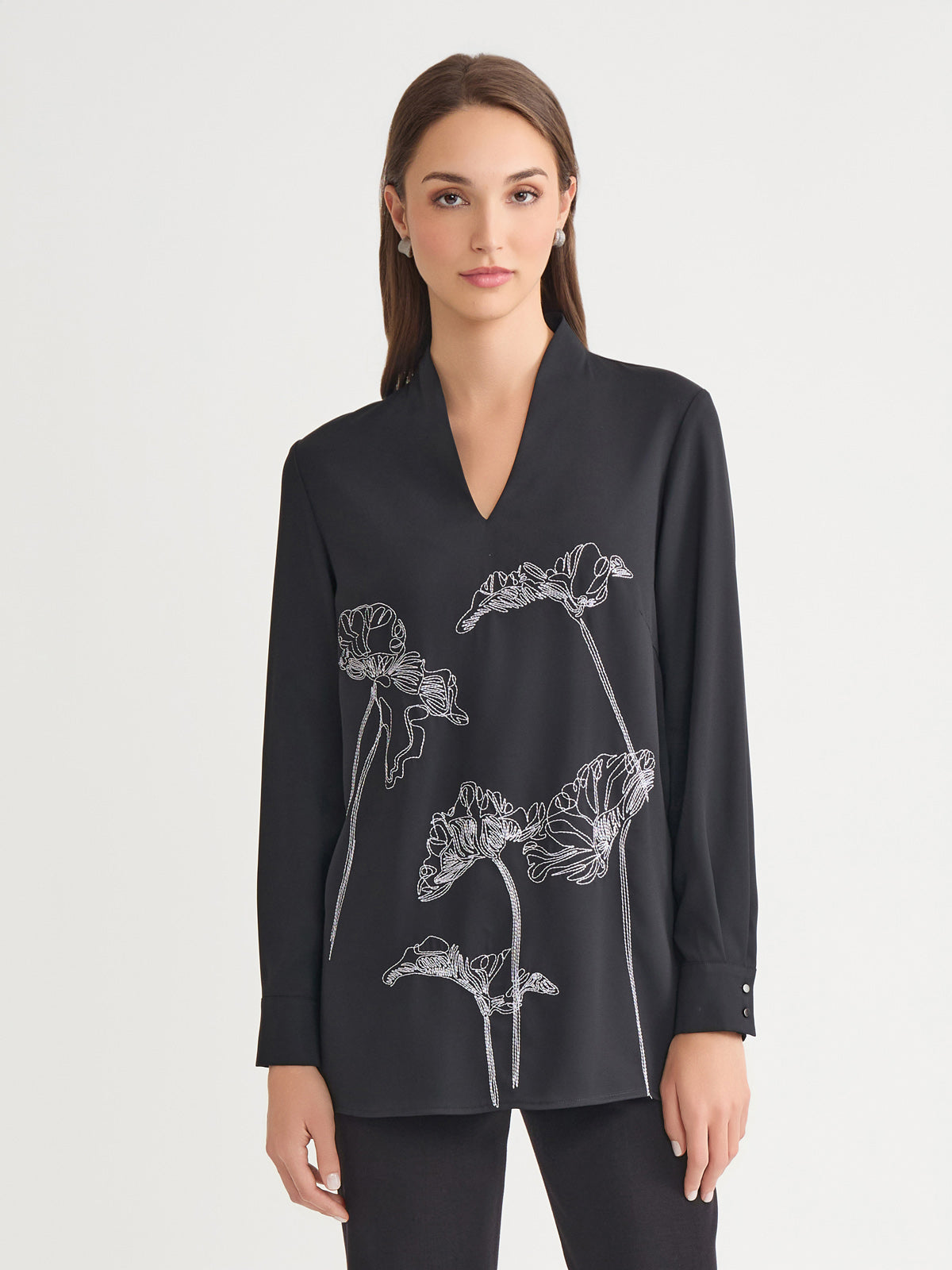 Floral Embroidered Crepe de Chine Tunic - True Fit