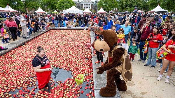 woman stands in pool filled with floating turtle toys while a costumed turtle mascot scoops them out