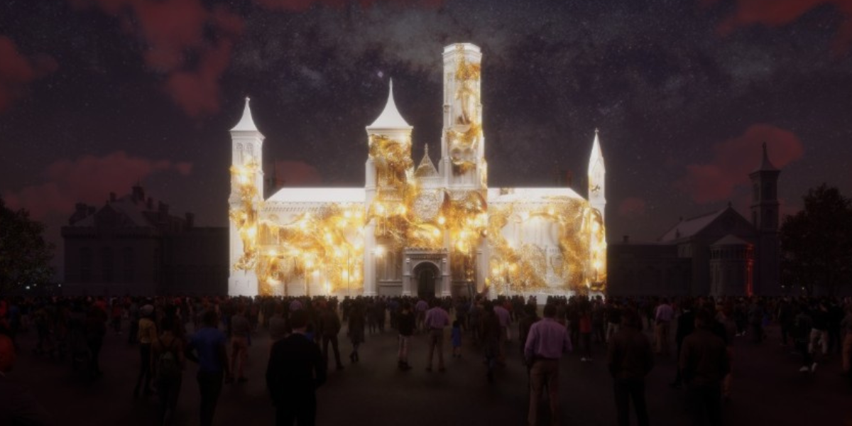 Rendering of the Smithsonian Castle illuminated