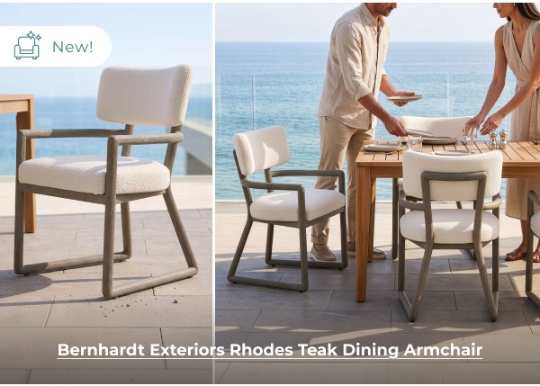 A side-by-side comparison showcases a modern, textured white outdoor dining armchair on the left, and a couple setting a matching wooden dining table on the right. Image Text: New! Bernhardt Exteriors Rhodes Teak Dining Armchair