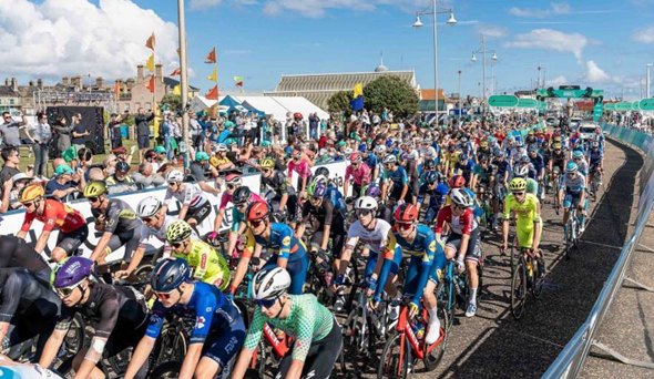 A peloton of riders starting a stage of the Lloyds Tour of Britain Men