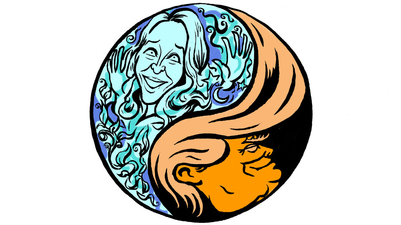 Yin-yang symbol with cartoon faces of Donald Trump in orange and Dr. Casey Means in blue.