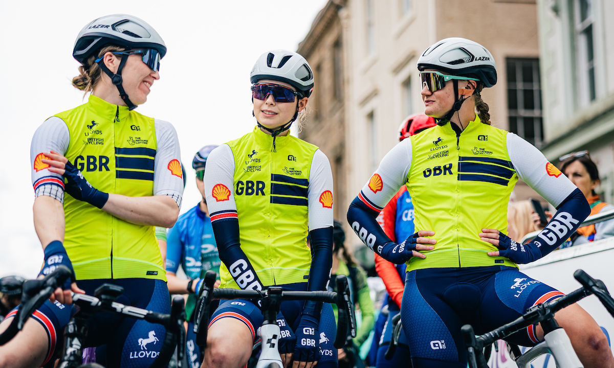 Anna and two Great Britain Cycling Team riders prepare to start a stage of the Lloyds Tour of Britain Women.