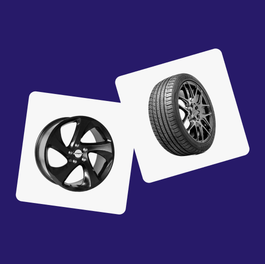 A Shift Strut wheel and Goodyear Eagle Sport All Season tire sit in separate white tiles against a dark blue background.