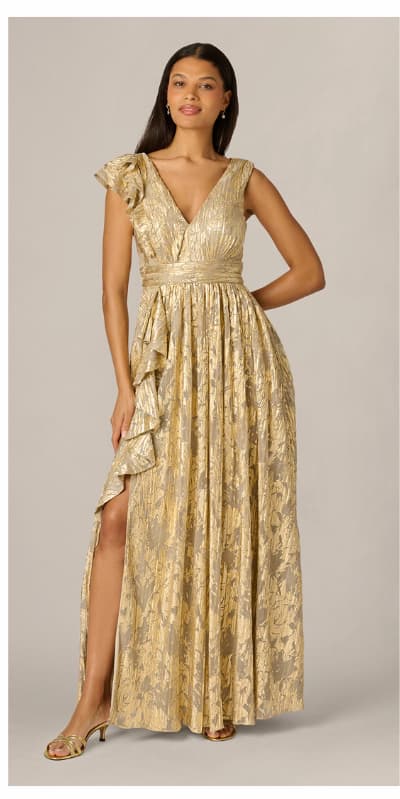 Sleeveless Metallic Crinkle Ruffle Gown In Champagne Gold