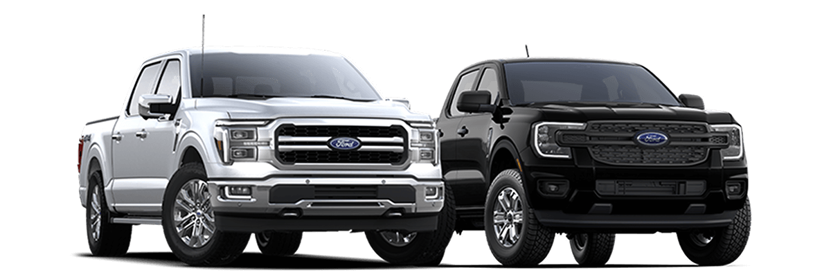 A silver 2024 Ford F‑150&reg; truck and black 2024 Ford Ranger&reg; truck next to each other