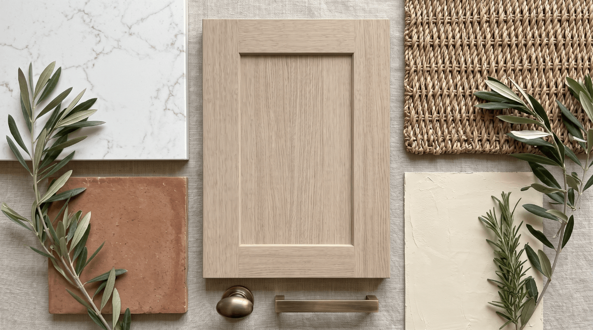 Assorted kitchen materials and decor display.