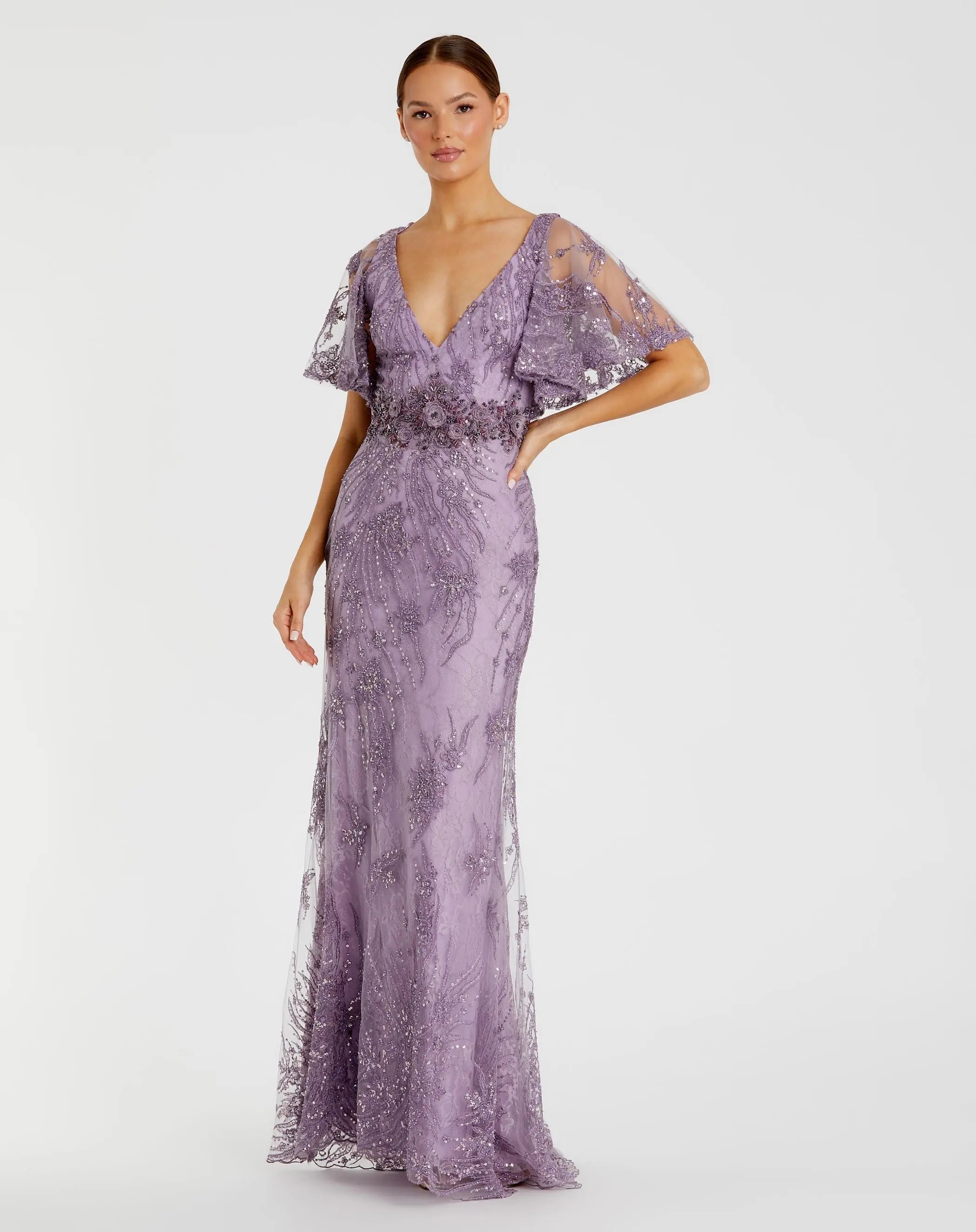 Image of Purple Embellished Flutter Sleeve Evening Gown