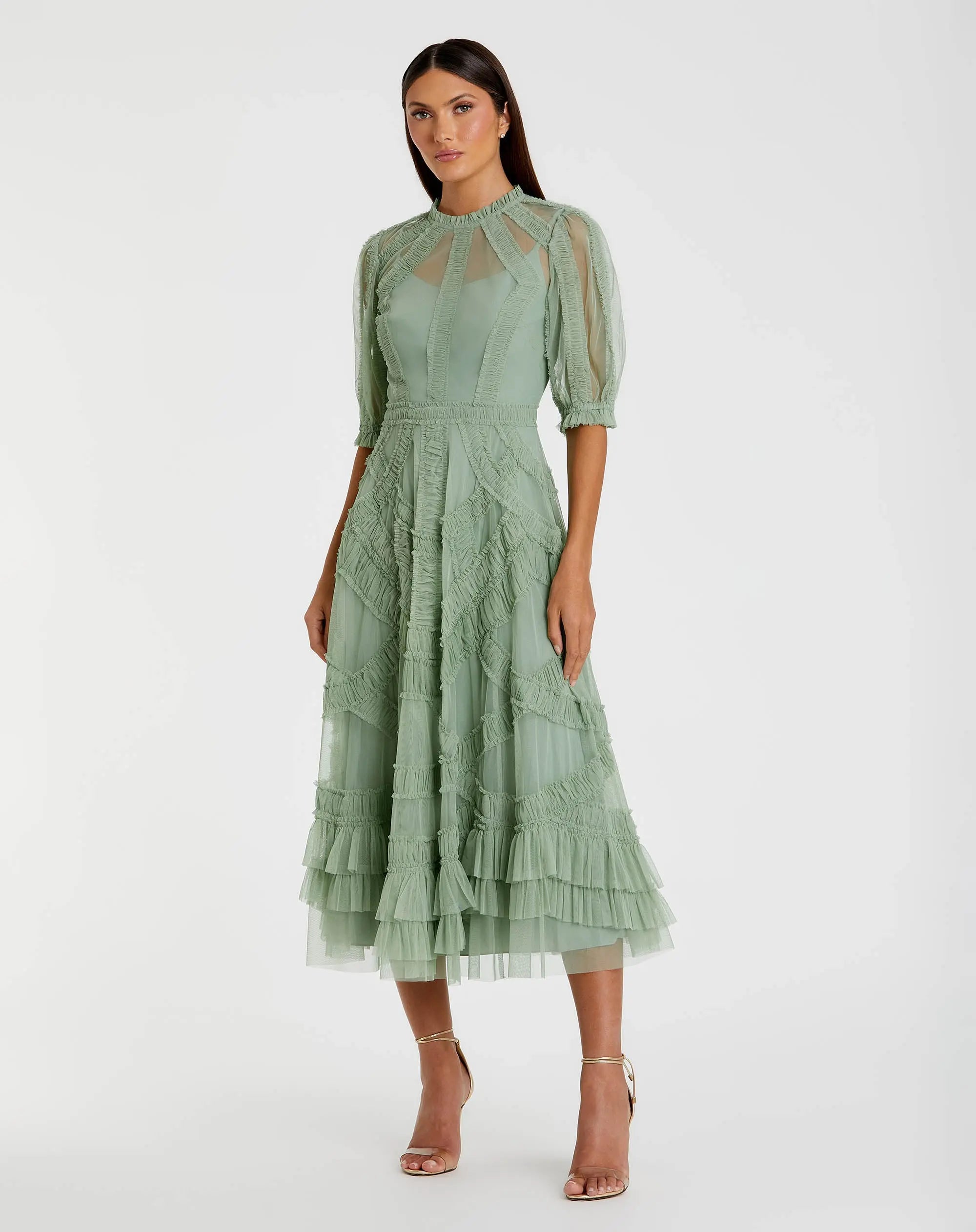 Image of Petite Green High Neck Ruffle Tiered A-Line Midi Dress
