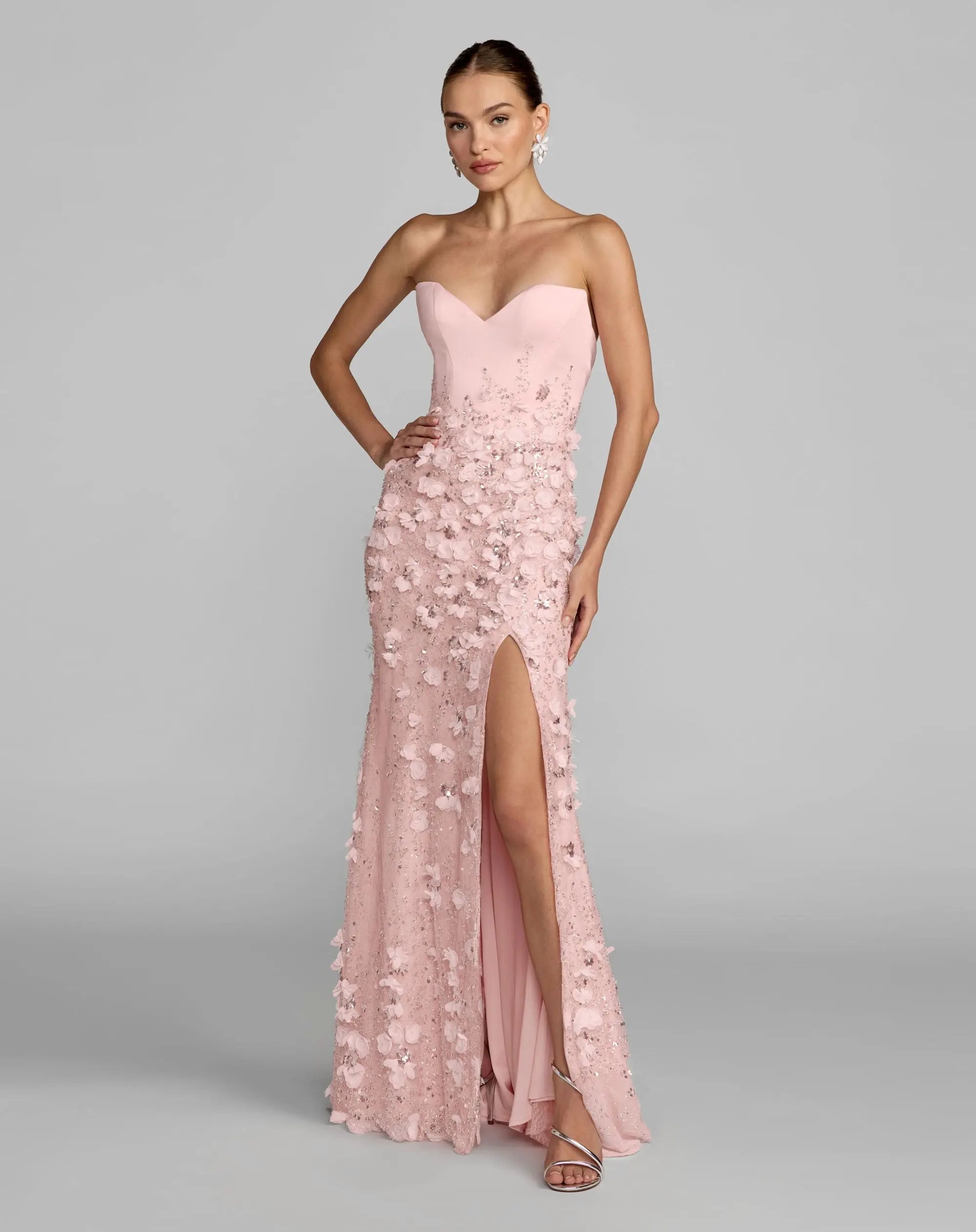 Image of Pink 3D Floral Strapless Sweetheart Gown With Slit
