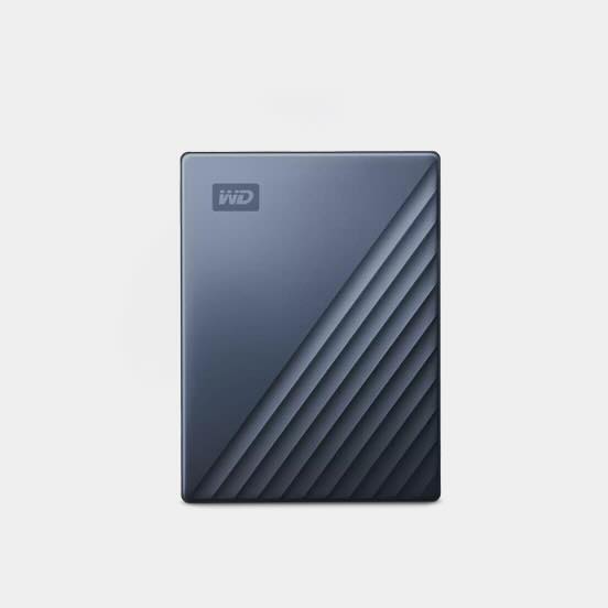 A dark blue WD My Passport external hard drive with a diagonal ridged design.