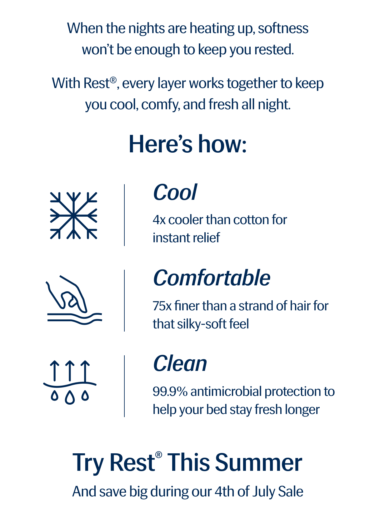 When the nights are heating up, softness won’t be enough to keep you rested. | With Rest®, every layer works together to keep you cool, comfy, and fresh all night. | Here’s how: Cool | 4x cooler than cotton for instant relief | Comfortable | 75x finer than a strand of hair for that silky-soft feel | Clean | 99.9% antimicrobial protection to help your bed stay fresh longer | Try Rest® This Summer And save big during our 4th of July Sale
