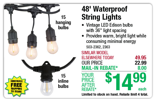 48' Waterproof String Lights - ONLY $14.99 After Rebate*!