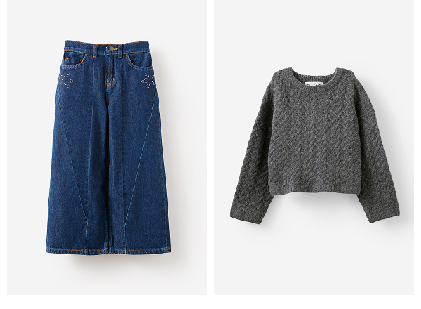 Denim midi skirt and grey knit sweater displayed on white background