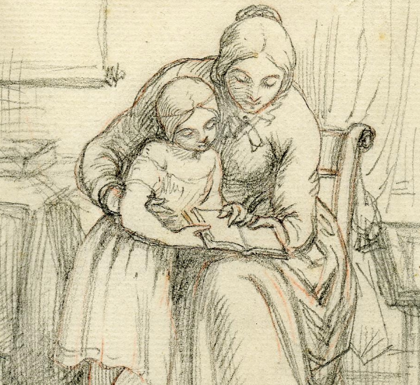 Sketch of a woman and child sat reading a book together.