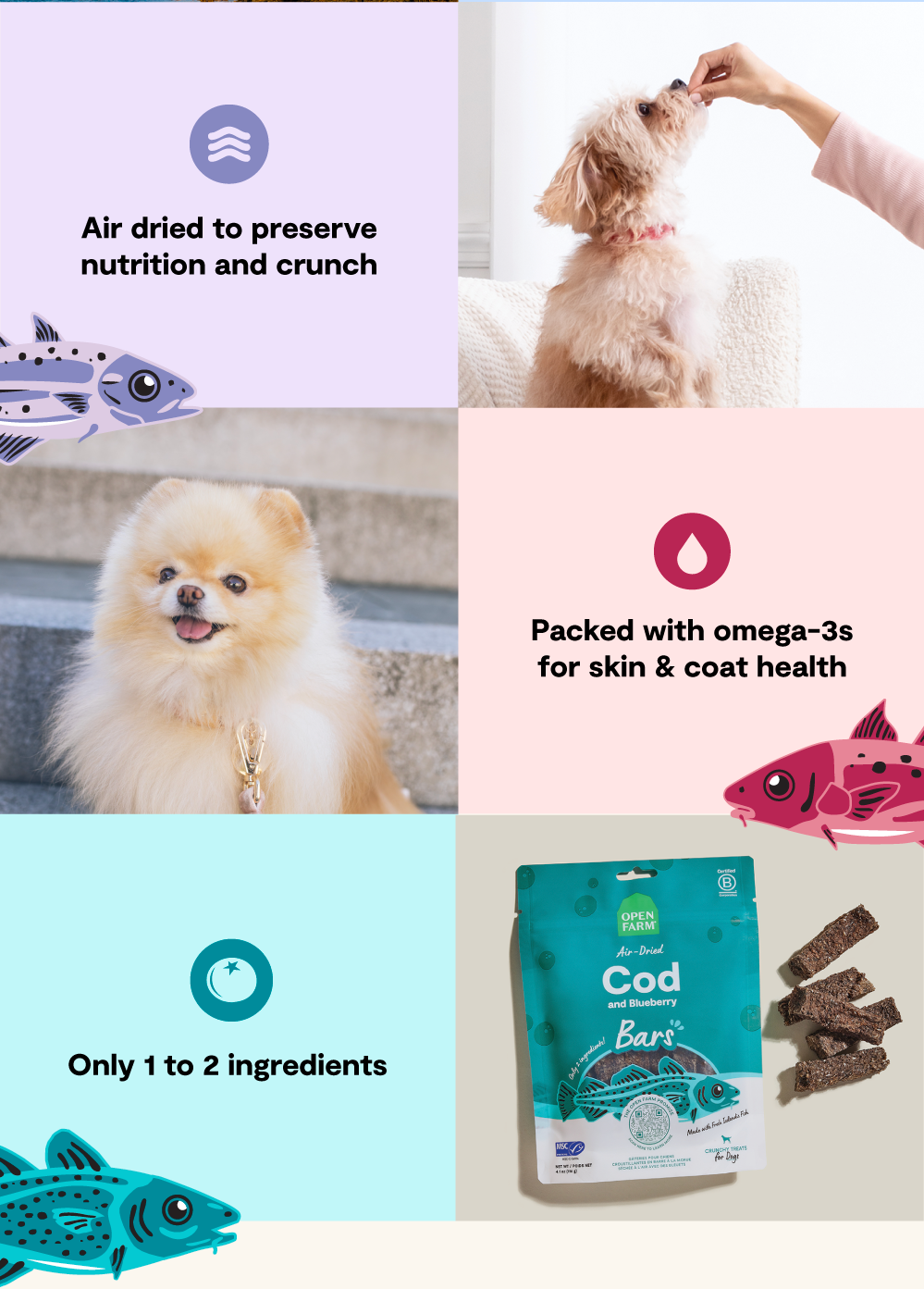 Air dried to preserve nutrition, packed with omega-3s for skin & coat health, with only one to two ingredients.