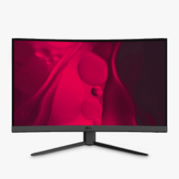 An MSI Optix monitor with a red abstract wallpaper against a light-gray background.