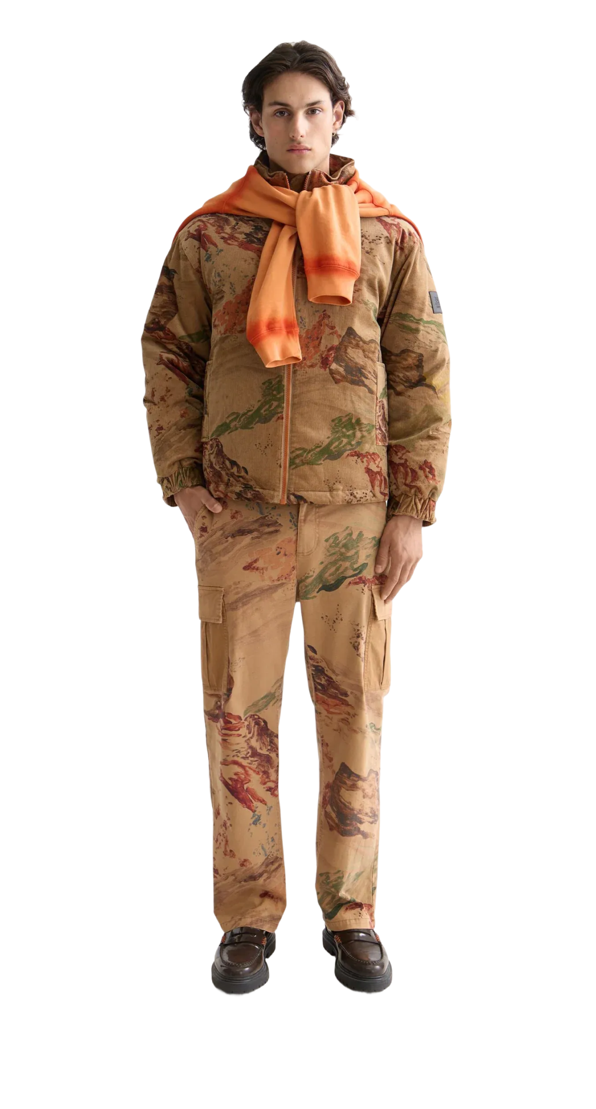 Mountain print corduroy puffer