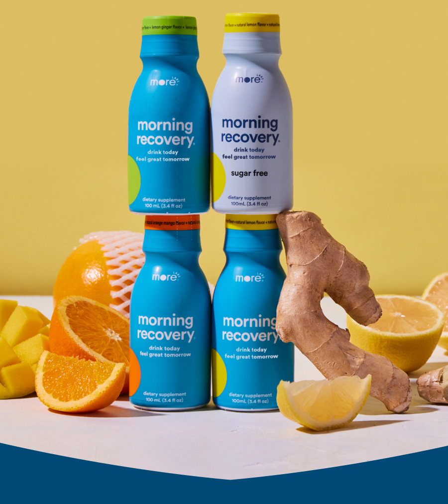 Morning Recovery Sugar free, orange mango and lemon ginger, stacked in a tower. 