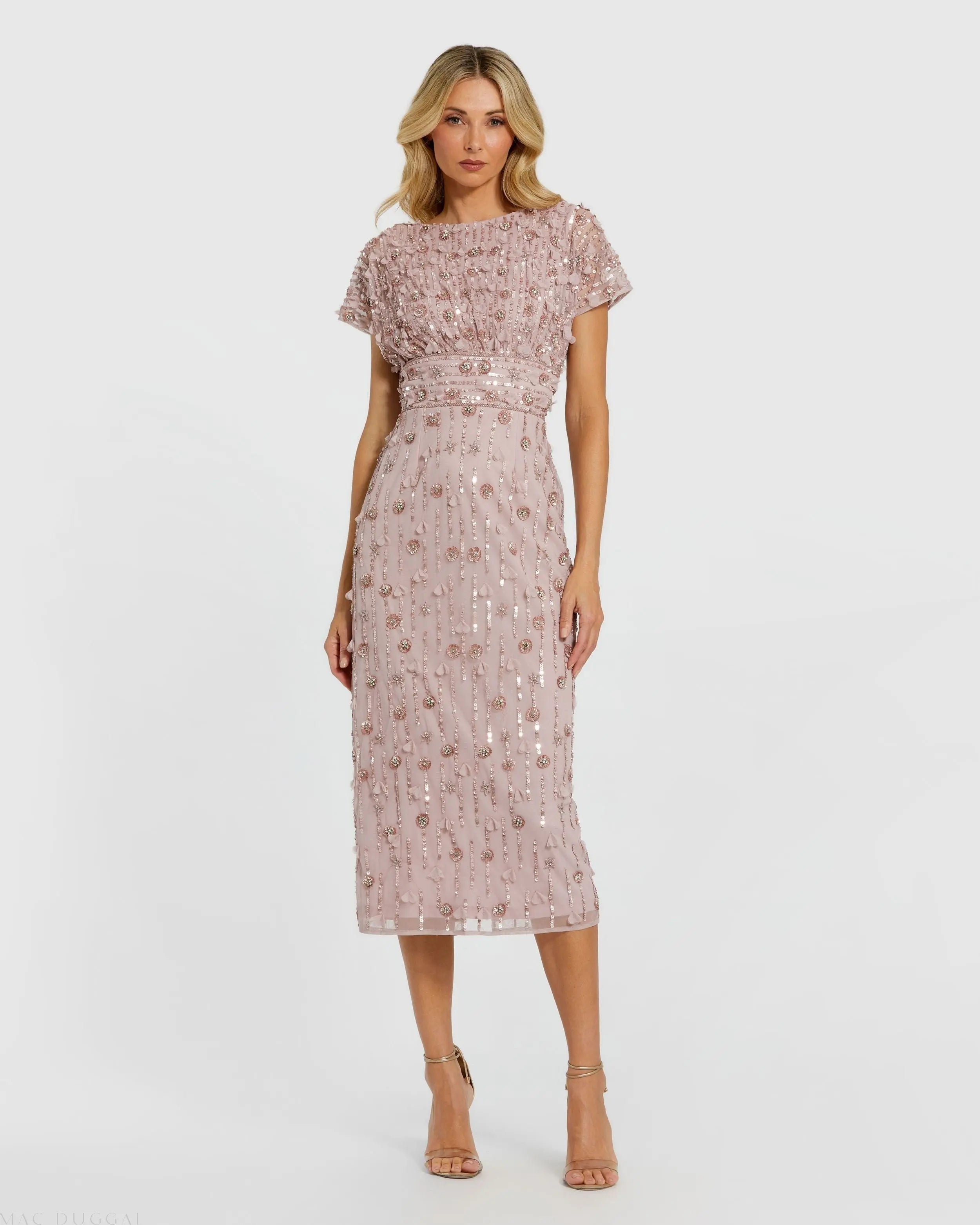Image of Pink Cap Sleeve Sheath Midi Dress With Floral Beading