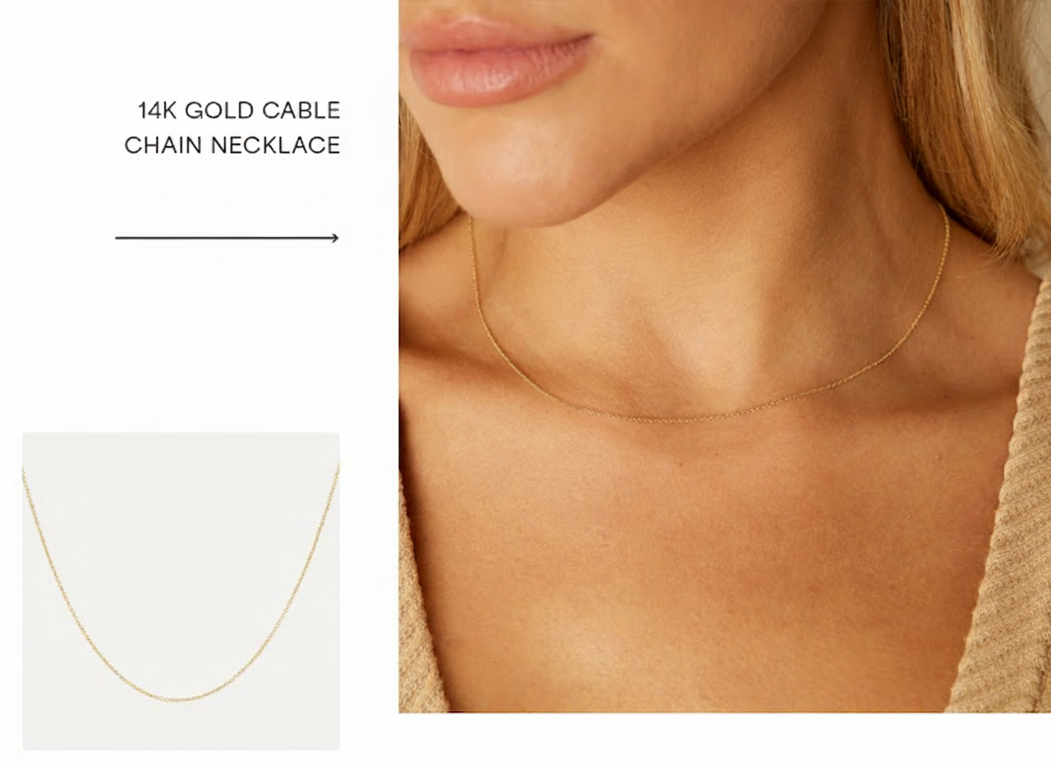 an image of a woman wearing a gold necklace and a chain necklace