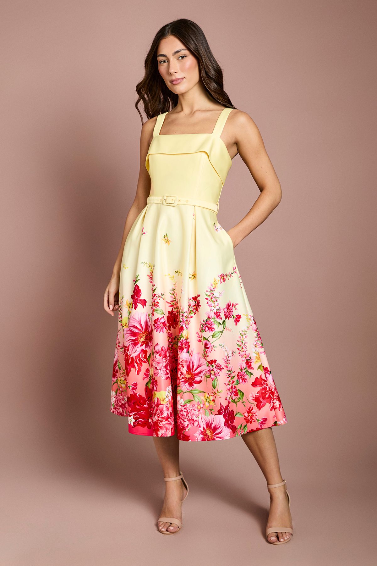 Placement Floral Print Belted Midi Dress