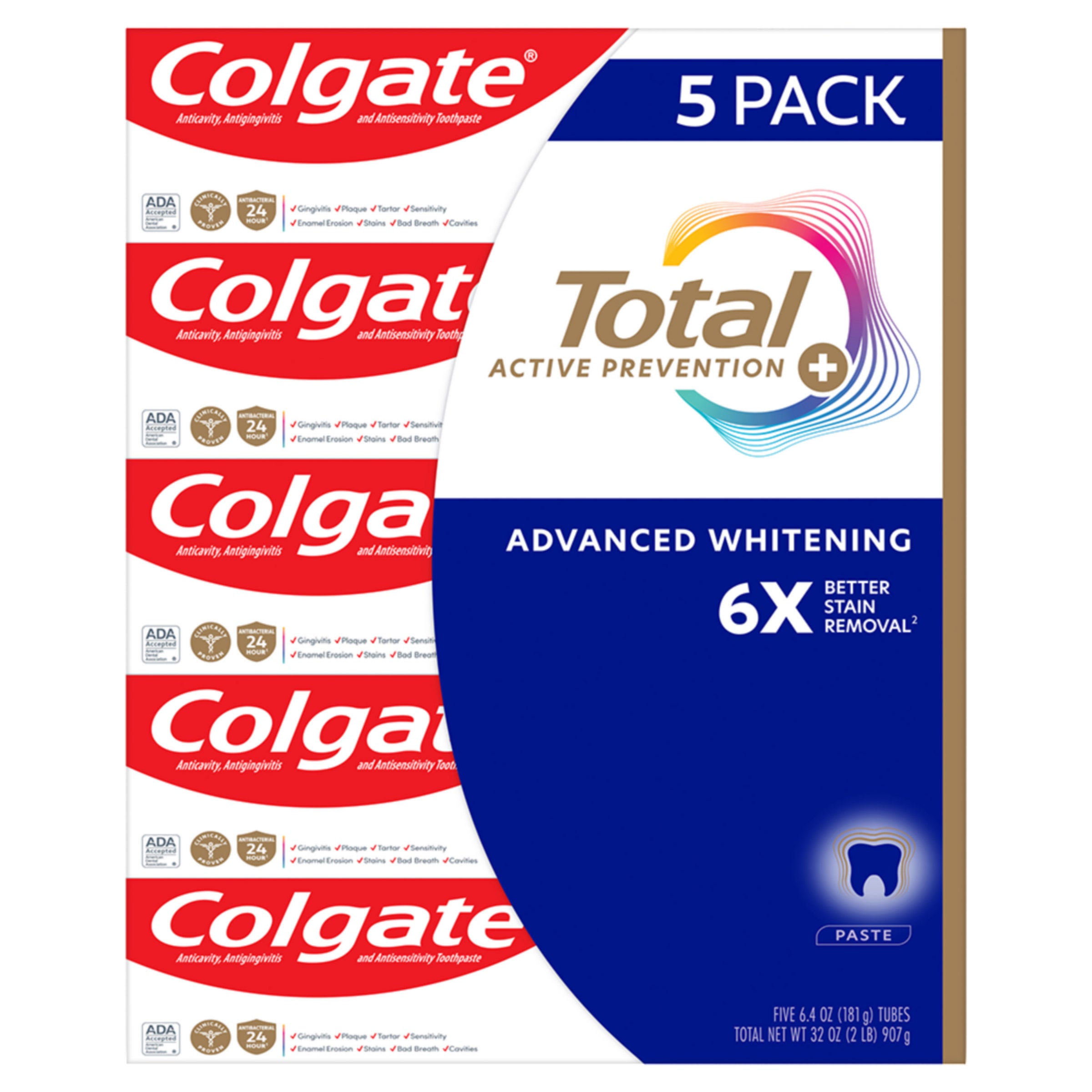 Colgate Total Active Prevention Plus Advanced Whitening Toothpaste, 6.4 oz, 5-Pack