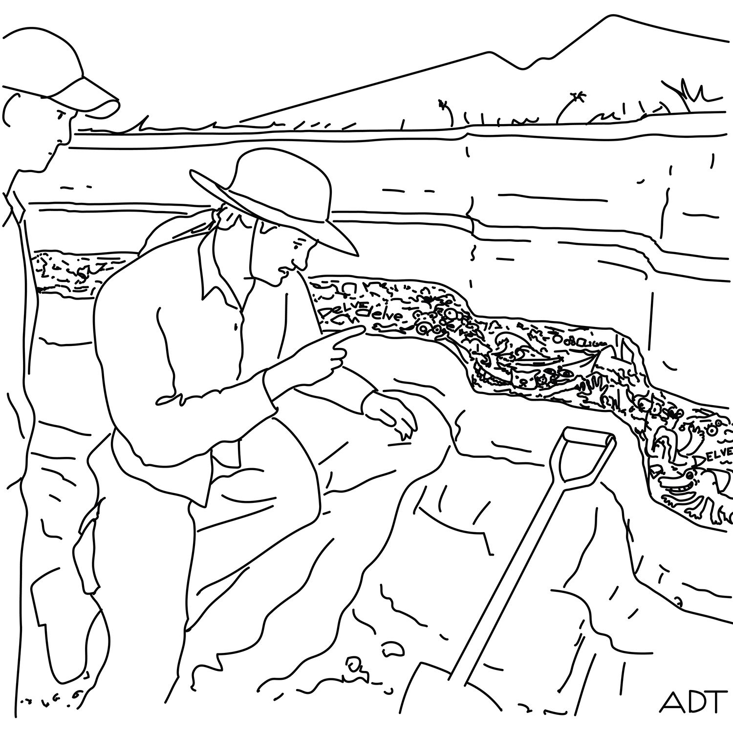 An archeologist points out a geological layer in a dug-out portion of earth.