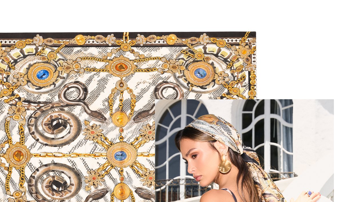 A decorative scarf design with intricate patterns and a close-up of a woman wearing a headscarf.