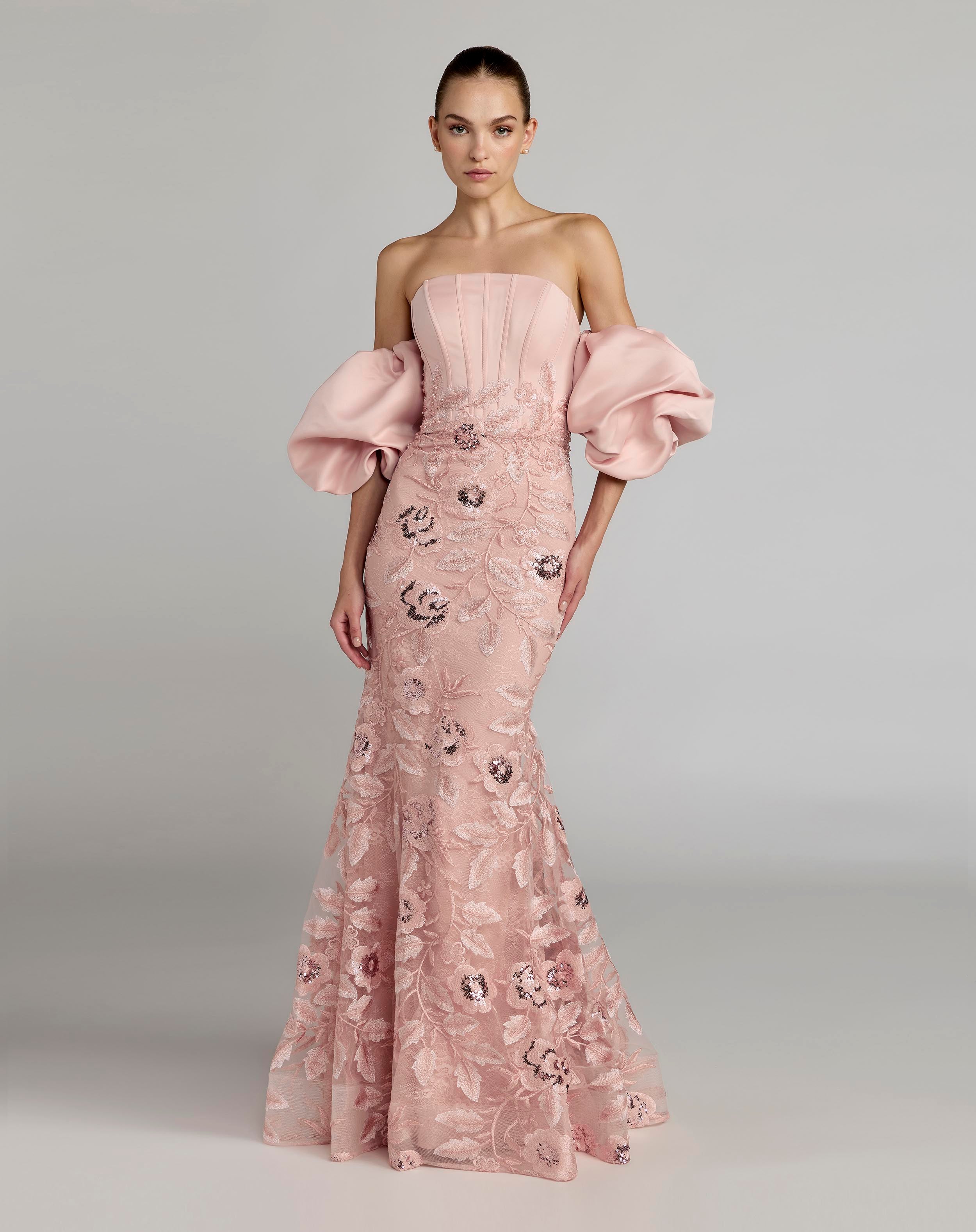 Image of Pink Satin Off The Shoulder Embroidered Mermaid Gown