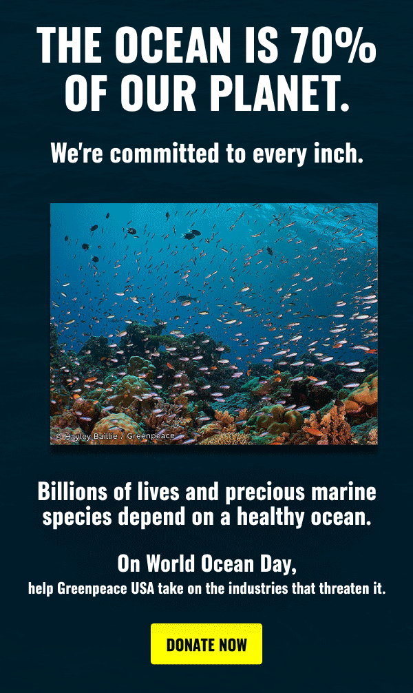 Animated GIF featuring three photographs. First, an underwater shot of hundreds of small fish scattered above a colorful coral reef against a deep blue ocean. Second, an aerial view of a humpback whale and her calf swimming side by side in turquoise water. Third, an underwater photograph of a diver holding a yellow sign reading "Protect the Oceans." Text reads: "The Ocean Is 70% Of Our Planet. We're committed to every inch. Billions of lives and precious marine species depend on a healthy ocean. On World Ocean Day, help Greenpeace USA take on the industries that threaten it." Donate Now button. © Hayley Baillie / Greenpeace, © Brooke Pyke / Greenpeace, © Tomás Munita / Greenpeace.