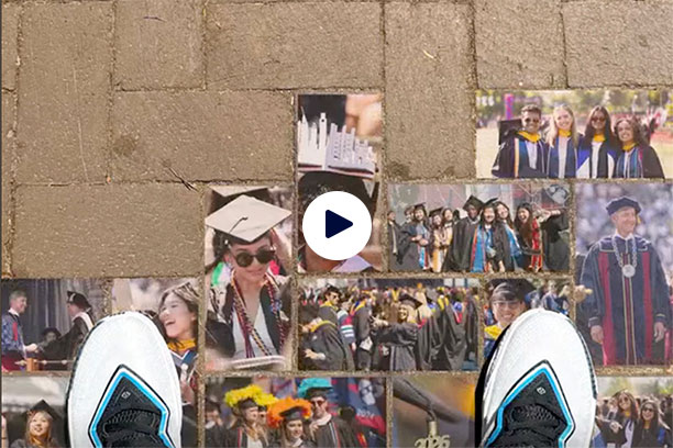 Feet standing on bricks along Locust Walk, with each brick containing a series of Commencement photos.