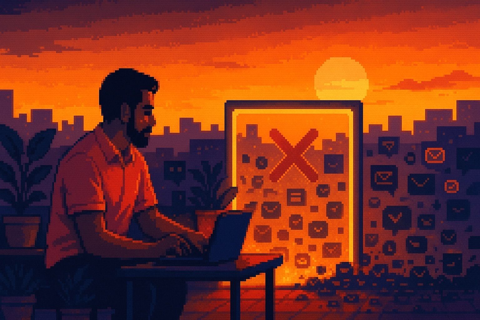 Pixel art of a man on a rooftop at sunset, shielded by a glowing X gate blocking emails and notifications.