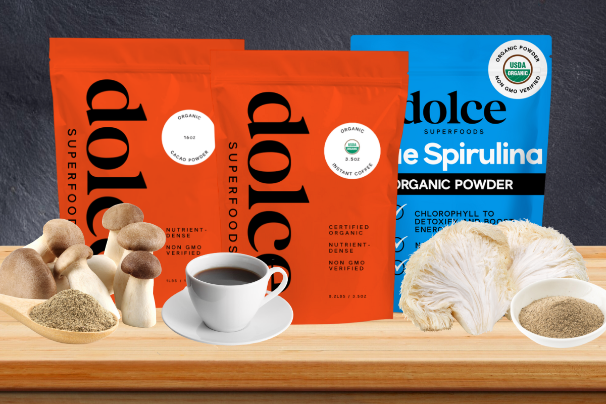 dolce superfoods packaging with mushrooms and coffee