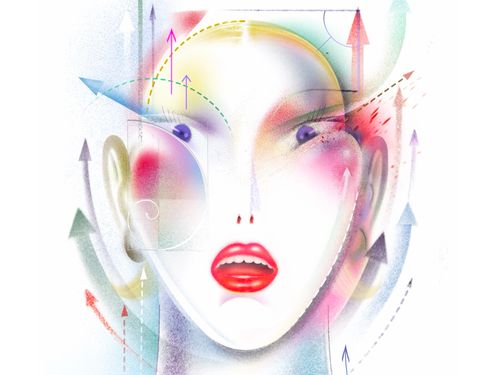 Illustration of female face with arrows indicating cosmetic surgery