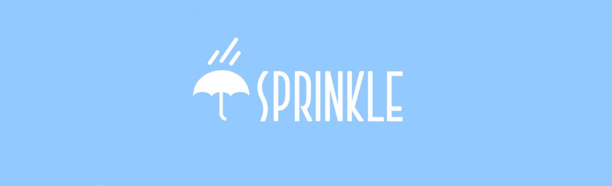 Sprinkle logo with an umbrella and raindrops on a blue background.