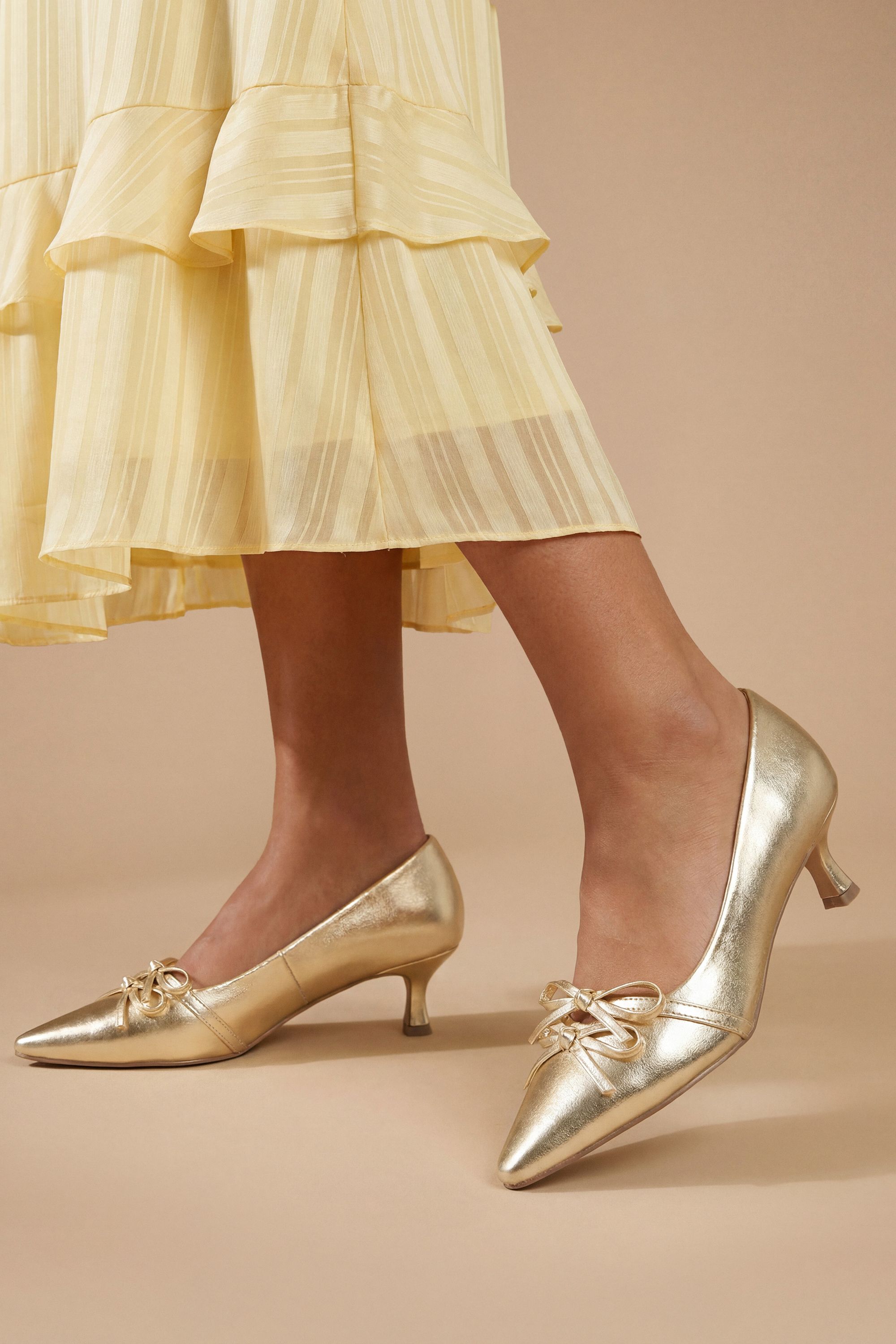 Rita Faux Metallic Leather Double Bow Mary Jane Kitten Heel Court Shoes