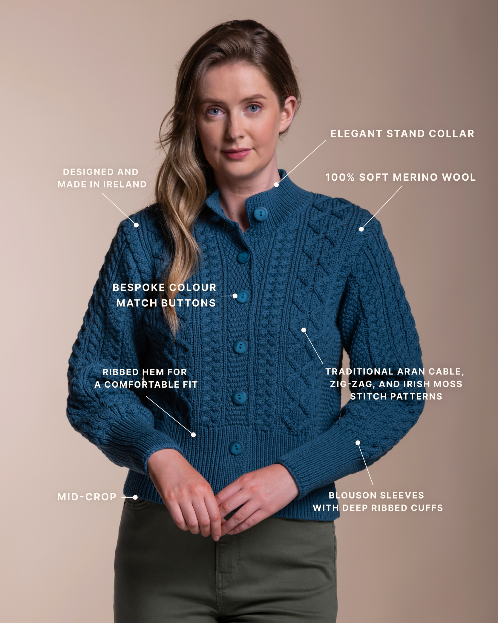 An elevated take on a classic, that's the first thing you'll notice. Carefully considered details, monochromatic colours drawn from Ireland's Atlantic coastline. Cable, Zig-Zag, and Irish Moss stitches. This is our new icon, the Women's Merino Wool Aran Cable Cardigan, with a silhouette that looks and feels just right. A refined stand collar, blouson sleeves, and deep ribbed cuffs. Dress it up, dress it down, it's the cardigan you didn't know you were waiting for.
