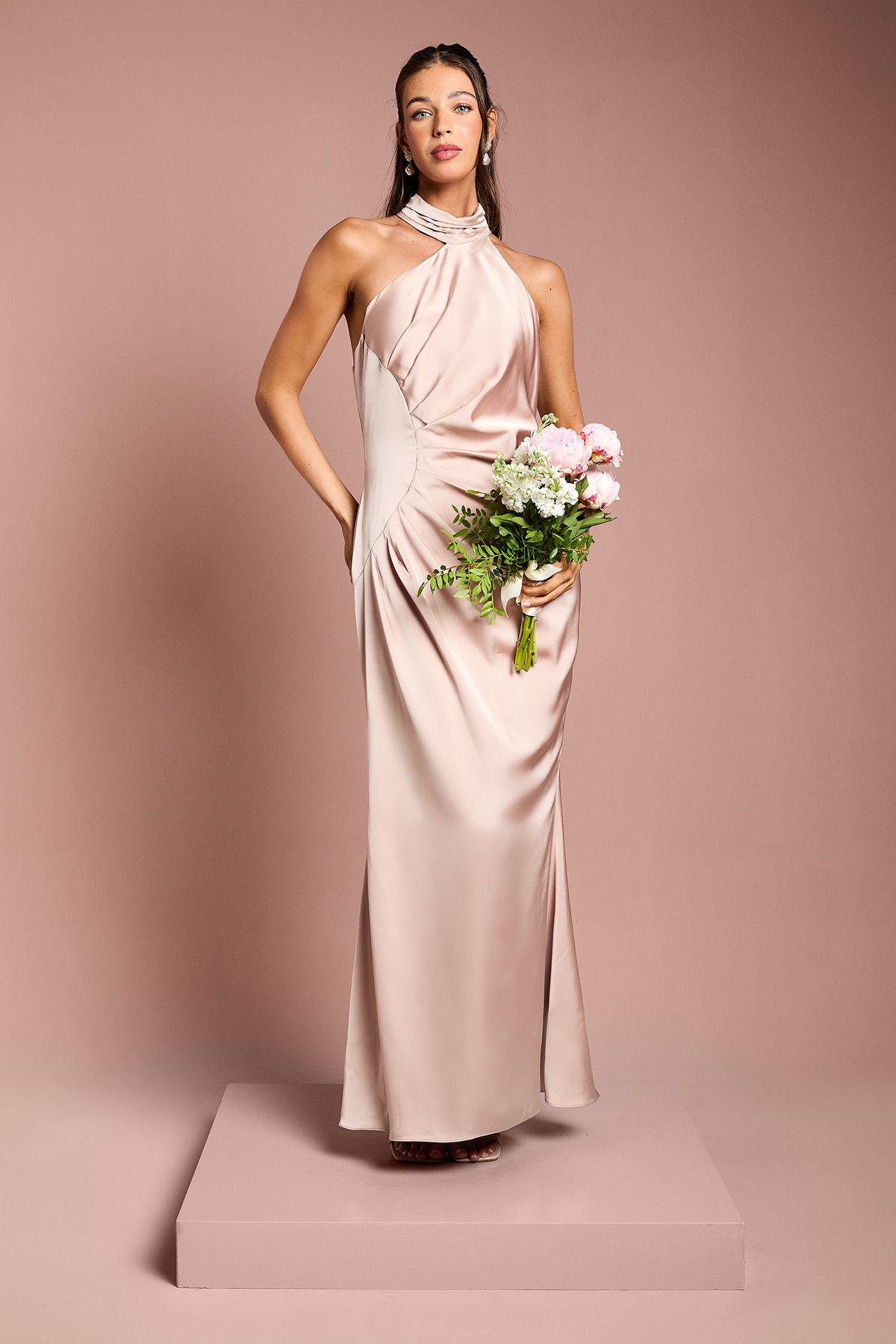 Satin Asymmetric Neckline Maxi Bridesmaids Dress with Ruching Detail