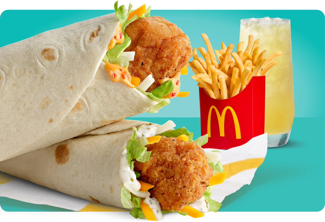 Double up with a Snack Wrap meal with medium fries and a soft drink. Pick a different drink, including a lemonade, for an additional charge.