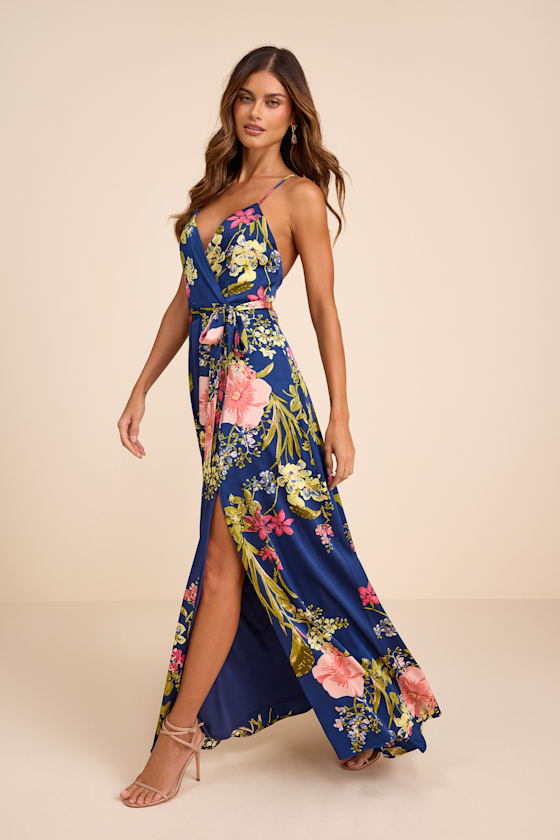 Image of Still the One Blue Floral Print Satin Maxi Dress