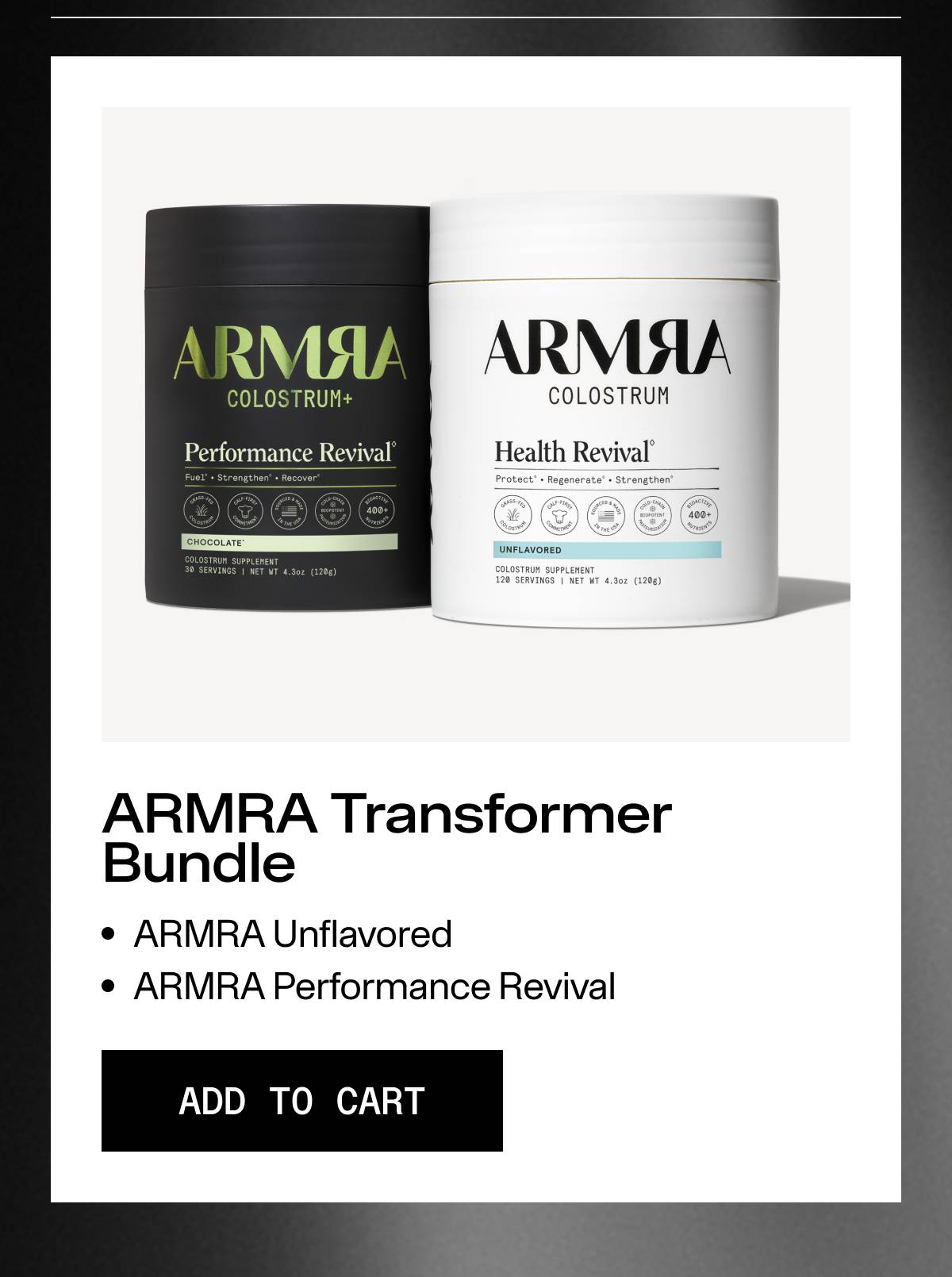 ARMRA Transformer Bundle | ARMRA Unflavored | ARMRA Performance Revival | ADD TO CART