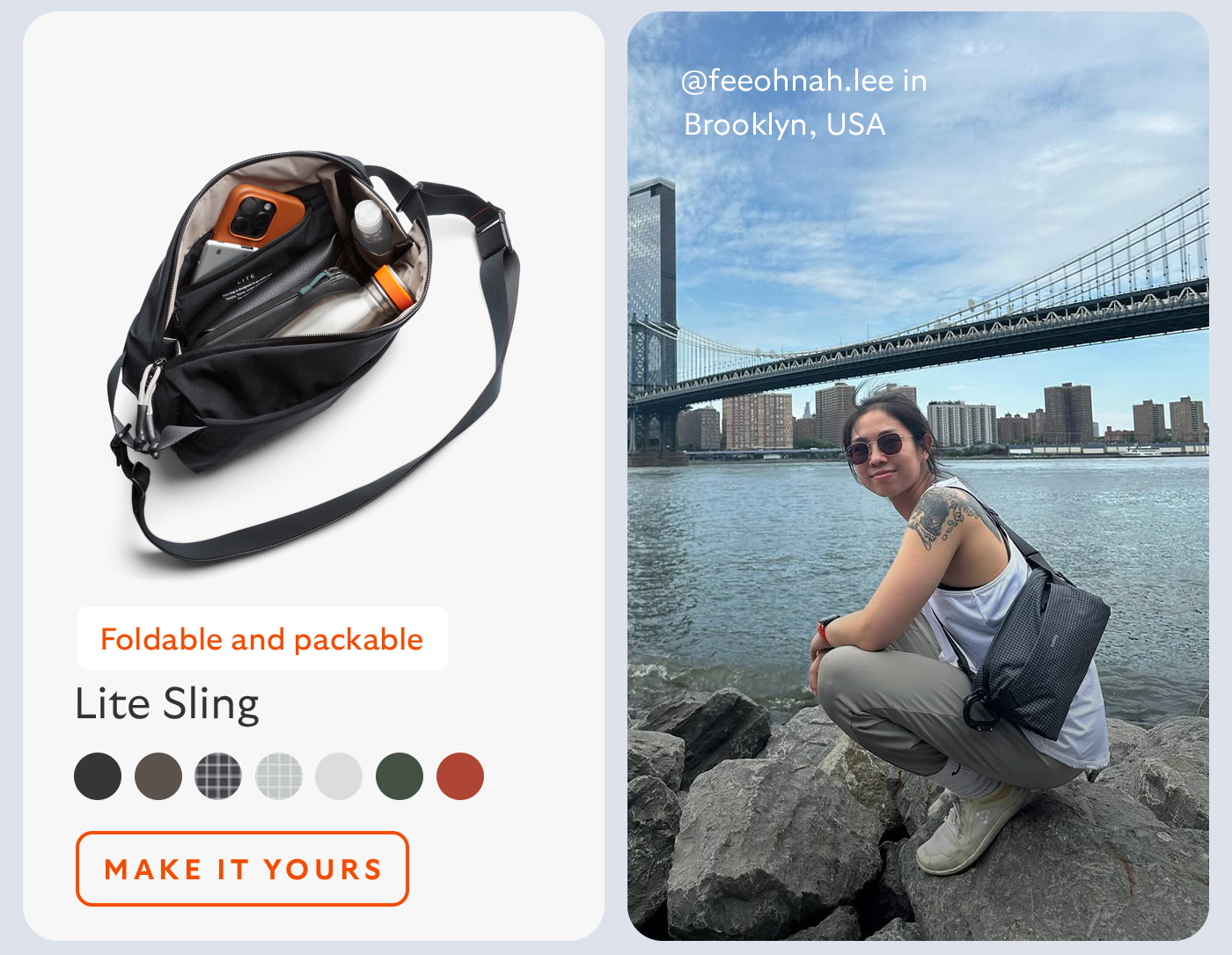 [Product name] Lite Sling [Starburst] Foldable and packable [Image caption] @feeohnah.lee in Brooklyn, USA
